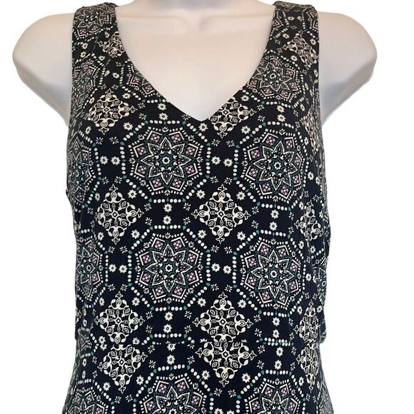 LOFT Blue Pink Geometric Mandala Print V neck Sleeveless Flowy Skater Dress 4 - Picture 2 of 5